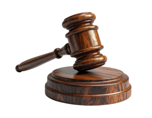 Wooden gavel on transparent background illustrating justice and legal decisions