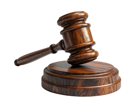 Wooden gavel on transparent background illustrating justice and legal decisions