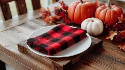 Obraz premium Cozy fall table setting featuring plaid napkin and decorative pumpkins for autumn celebrations