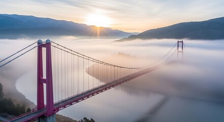 Suspension Bridge over River Valley with Fog and Rising Sun Scenery