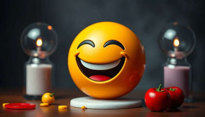 Happy Face Emoji with Candles and Apples on a Wooden Table