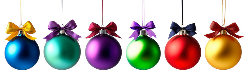 Colorful Christmas baubles with satin bows isolated on transparent background