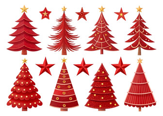 Set of festive red Christmas trees with stars