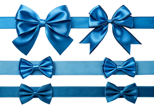 Collection of blue satin ribbon bows and streamers