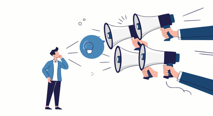 Man overwhelmed by multiple loud announcements from megaphones.

