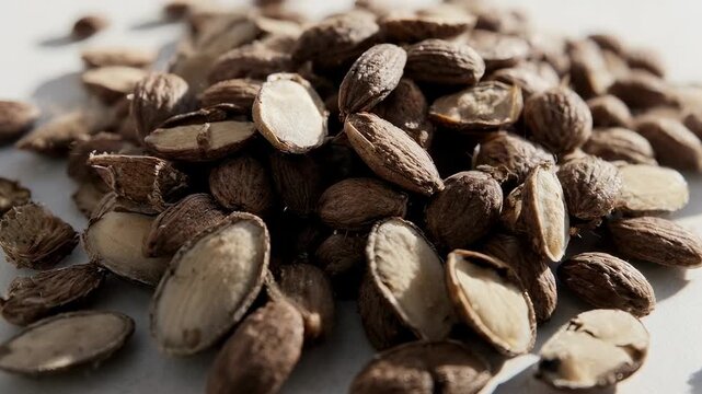 Pile of traditional African kola nuts on a white background.