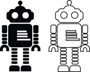 Retro robot black icon set in flat and line style vector Group and collection of vintage androids, droids, bots, cyborgs, mechanical machines and humanoid robots.