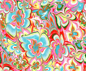 Abstract flowers in ebru style multicolor seamless pattern with wavy stripes.Perfect for textile, package, packaging, posters, wall decor, wallpaper, fabric. Contemporary Liquid Art. 