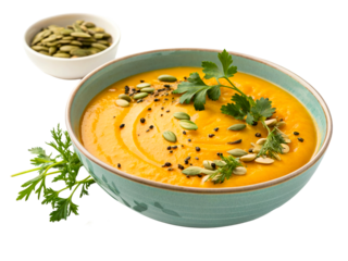 Creamy orange soup garnished with seeds and herbs