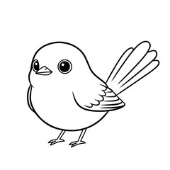 Black and white outline of a cute Willie Wagtail bird with fanned tail. Ideal for coloring pages, kids’ education materials, or wildlife drawing and animal outline projectsBlack and white outline of a