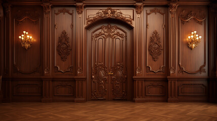 Elegant, richly carved wooden door with wall paneling in a luxurious, classic interior