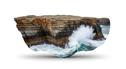 Floating island with rocky cliffs and crashing waves isolated on white background a surreal landscape where nature defies gravity