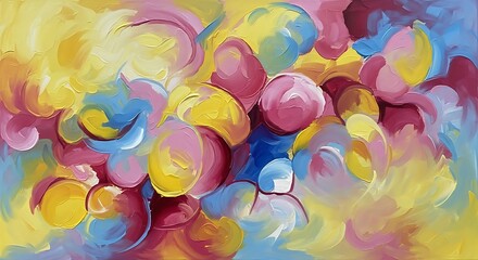 Vibrant abstract painting with swirling brushstrokes in yellow pink and blue