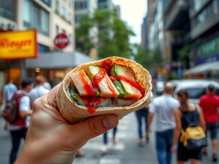 Sushi burrito: Japanese fish with avocados wrapped in Mexican tortilla with salsa sauce