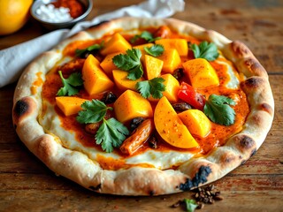 Curry and mango pizza: Italian pizza with Indian curry and sweet mango
