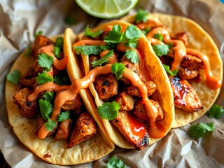 Delicious tacos with grilled chicken and sauce, served with cilantro and lime, copy space
