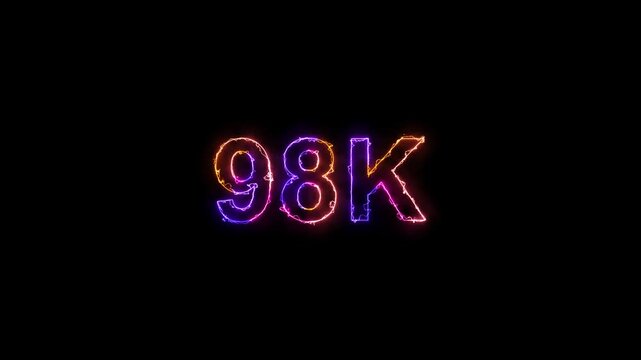Glowing neon light 98K text animation. Social media milestone motion and subscribers celebration .98K followers or subscribers animation.