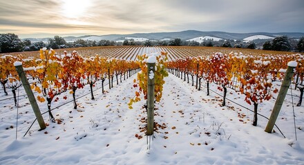 Vineyard covered in fresh snow during late autumn day