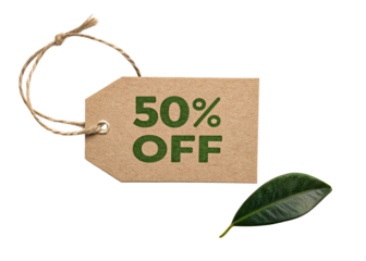 Cardboard tag with fifty percent discount and green leaf