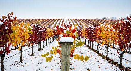 Vineyard under a blanket of snow in winter landscape scenery