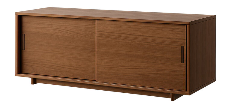 A compact sideboard with sliding doors, perfect for storing kitchen essentials in small
