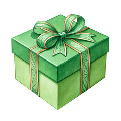 Green gift box with ornate ribbon and bow