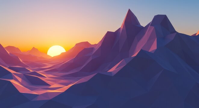 Low poly mountain range at sunset with geometric patterns and warm light