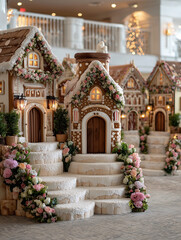Elaborate Gingerbread Village with Floral Decorations and Warm Lighting gingerbread house edible