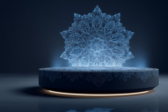 Glowing blue mandala hologram on a dark futuristic pedestal with ambient light technology abstract
