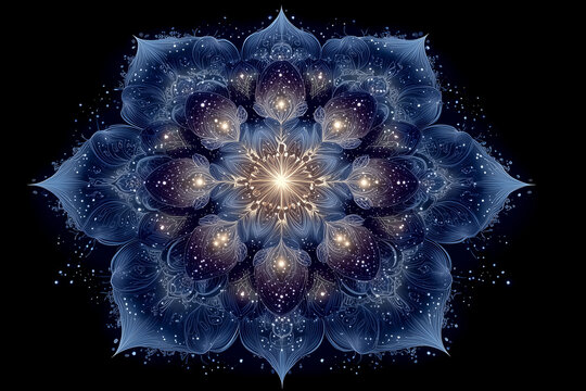 Intricate blue and gold mandala with glowing lights and starry effect on black background spiritual meditation