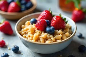 A nutritious and delicious bowl of barley breakfast cereal, topped with fresh berries and a drizzle of honey Perfect for a healthy and satisfying start to the day , vegetarian, fiber, food