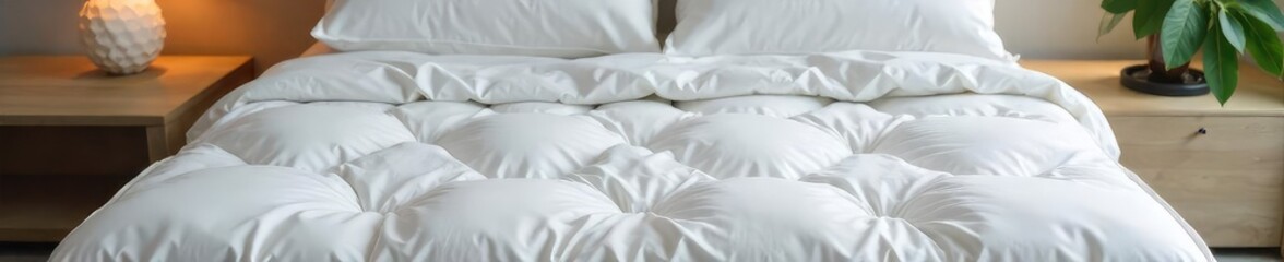 A plush, cloud-like mattress bed, inviting and comfortable, perfect for a restful night's sleep The crisp white sheets and pillows add to its luxurious appeal , cotton, mattress