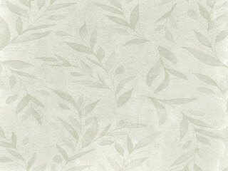 A repeating pattern of light green leaves and branches on a textured, off-white background. It has a soft, watercolor-like aesthetic.
