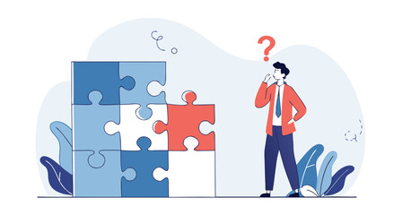 Man contemplating a complex puzzle with a question mark above his head illustrating a problem-solving challenge

