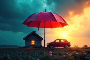 A protective umbrella shielding a house and car from a stormy sky, symbolizing comprehensive insurance coverage and security , property insurance, coverage