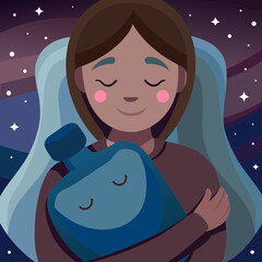 Naklejka premium Young woman smiling while holding a hot water bottle at night 