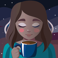 Young woman enjoying a warm drink while relaxing at night  