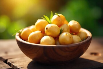 Sunlit Rustic Wooden Bowl Overflowing with Freshly Harvested Potatoes A Simple, Wholesome Harvest Scene Perfect for Farm-to-Table, Healthy Eating, and Comfort Food Concepts.