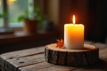 A rustic wooden candle holder with a flickering candle, creating a warm and inviting ambiance Perfect for autumn, winter, or cozy home d?cor , handcrafted, decoration, light wood