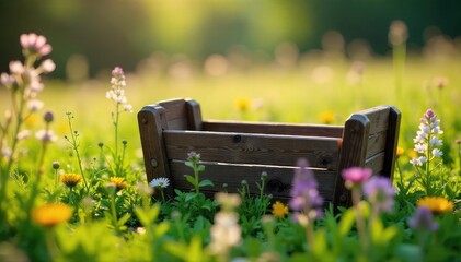 Rustic Wooden Cradle Nestled in Wildflowers A Symbol of Peaceful Beginnings and Tranquil Upbringing in Natures Embrace