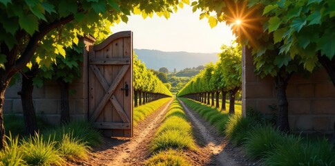 A rustic wooden gate leads away from a sun-drenched vineyard, vines heavy with ripe grapes, promising a journey beyond the rows of wine-producing plants , journey, vines, green