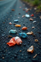 A scattering of dark, discarded plastic litter on a desolate, black asphalt surface; stark contrast highlighting pollution's impact on the environment , desolate, city