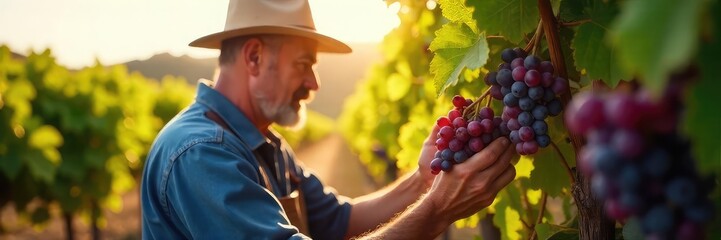 A seasoned grape winemaker carefully inspects ripening grapes hanging heavy on the vine, sunlight illuminating the vineyard , landscape, delicious