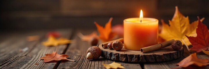 Cozy Autumn Candlelight Cinnamon-Spiced Scent, Fallen Leaves, and Acorns on Rustic Wood