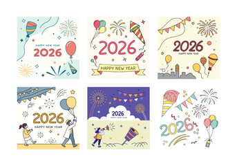 2026 New Year Celebration Design Set Festive Hand Drawn Greeting Cards Balloons Fireworks Party Elements Confetti Colorful Cartoon Vector Holiday Banners Illustrations Collection