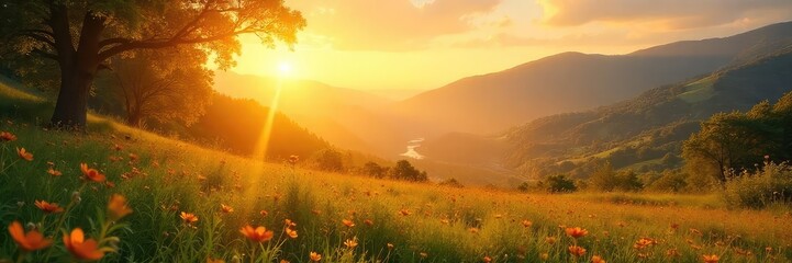 A serene landscape bathed in golden sunlight, evoking feelings of peace and tranquility, suggesting a sense of ethical reflection and inner calm , contemplation, environment, goodness