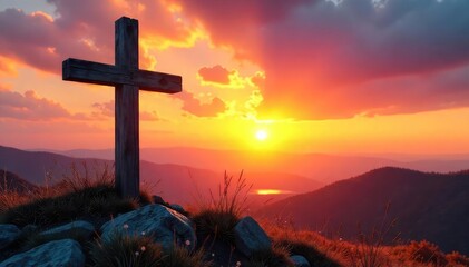 A serene landscape depicting a rustic wooden cross against a backdrop of a vibrant sunset, symbolizing faith, hope, and peace , cross, hope, divine