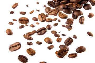 Brown roasted coffee beans falling in a dynamic composition