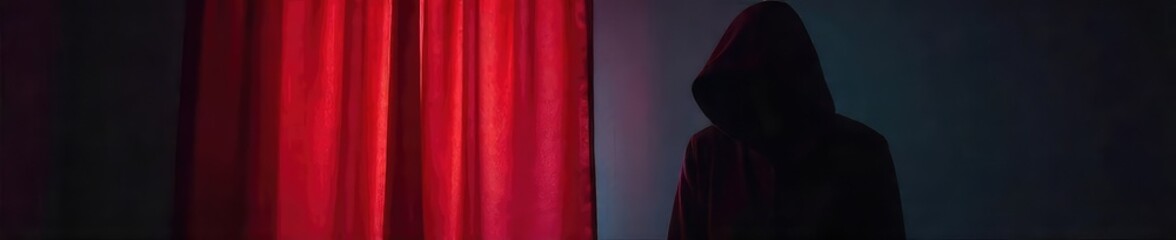 A shadowy figure concealed behind a curtain, only a portion of their clothing visible, suggesting mystery and secrecy , thriller, intrigue, silhouette