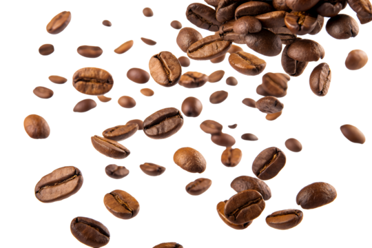Brown roasted coffee beans falling in a dynamic composition
